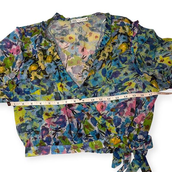 Zara Floral Ruffle Wrap Blouse Long Sleeve Sheer Tie Front Crop Top Boho Sz L - Picture 7 of 9